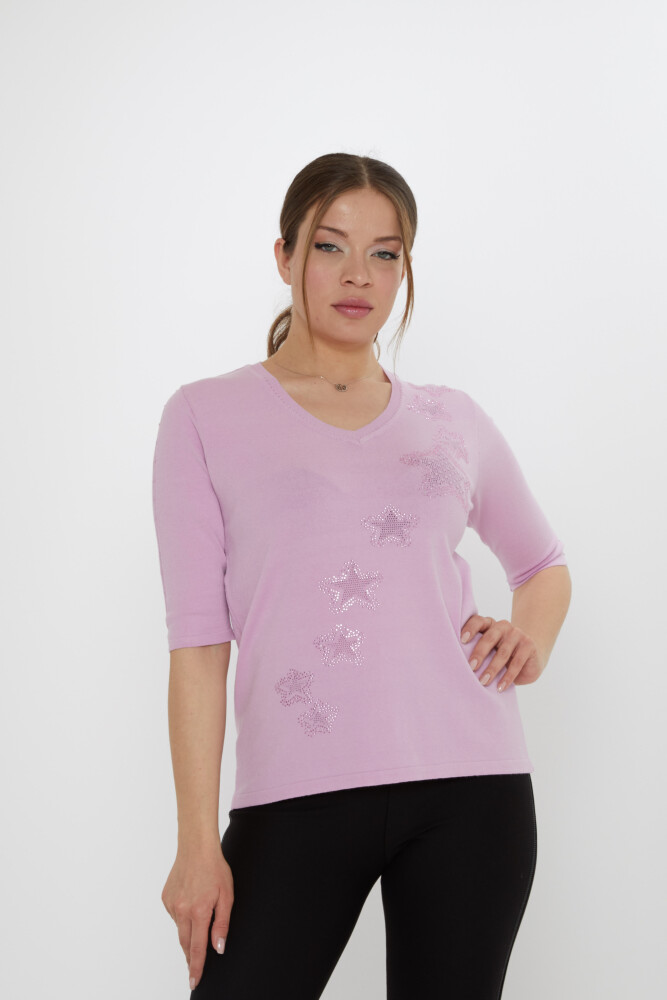 كنزة صوفية محبوكة - مطرزة بنجمة - أرجواني فاتح - 31779 | كازي (طقم من 3 قطع M-L-XL) - 2