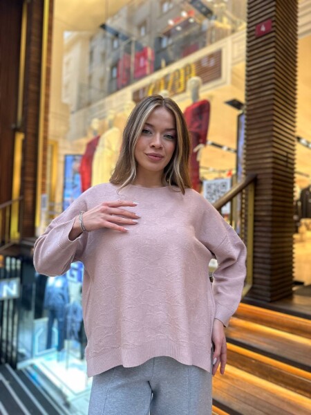 كنزة محبوكة - حواف لامعة - لون وردي فاتح - 32141 | كازي (طقم من 3 قطع M-L-XL) - KAZEE (1)