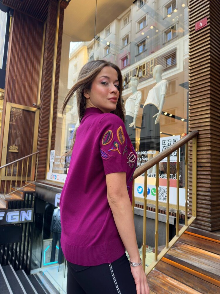 كنزة صوفية محبوكة - ياقة عالية - فوشيا - 32194 | كازي (طقم من 3 قطع L-XL-2XL) - 4