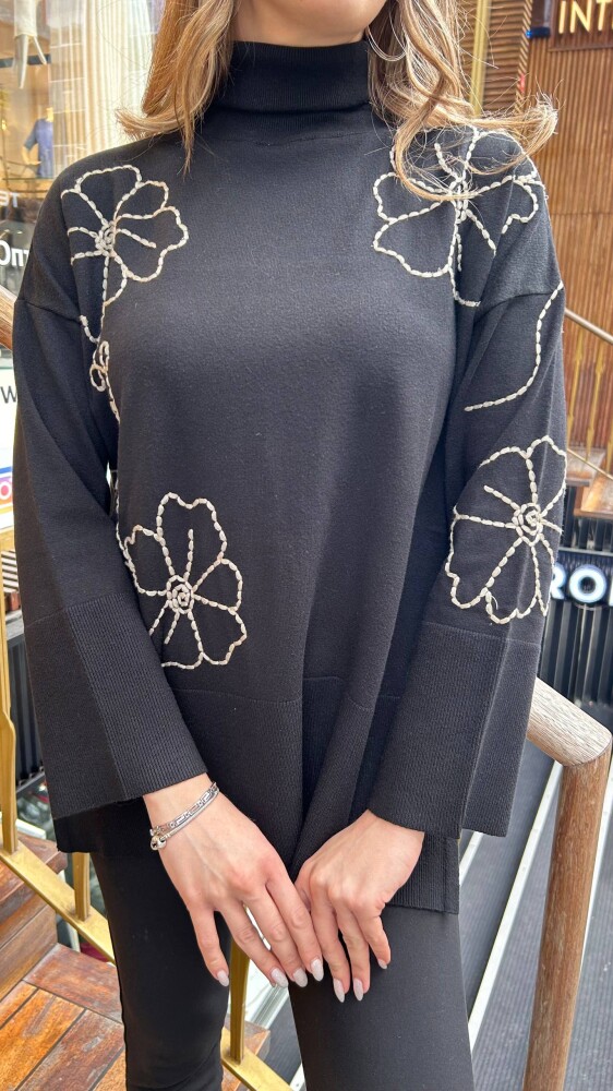 كنزة صوفية سوداء بياقة عالية - 32251 | كازي (طقم من 3 قطع M-L-XL) - 3