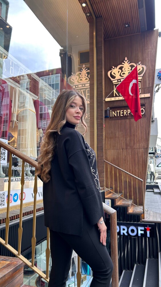 كنزة صوفية سوداء بياقة عالية - 32251 | كازي (طقم من 3 قطع M-L-XL) - 4