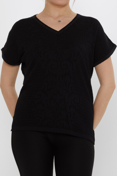 كنزة محبوكة - بتفاصيل فتحة جانبية - أسود - 31249 | كازي (طقم من 3 قطع L-XL-2XL) - 3