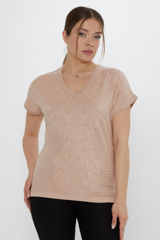 كنزة محبوكة - بتفاصيل فتحة جانبية - بنقشة بسكويت - 31249 | كازي (طقم من 3 قطع L-XL-2XL) - 1