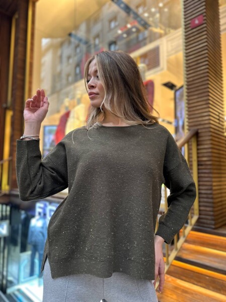 كنزة محبوكة - حواف لامعة - كاكي - 32141 | كازي (طقم من 3 قطع M-L-XL) - KAZEE (1)