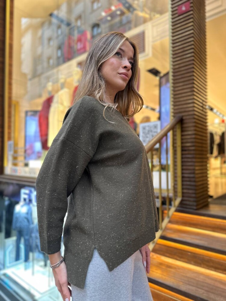 كنزة محبوكة - حواف لامعة - كاكي - 32141 | كازي (طقم من 3 قطع M-L-XL) - 3