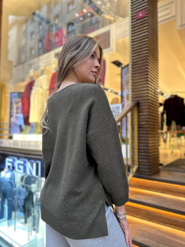 كنزة محبوكة - حواف لامعة - كاكي - 32141 | كازي (طقم من 3 قطع M-L-XL) - 4