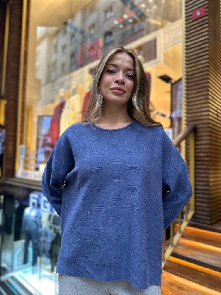 كنزة محبوكة - حواف لامعة - أزرق - 32141 | كازي (طقم من 3 قطع M-L-XL) - 3