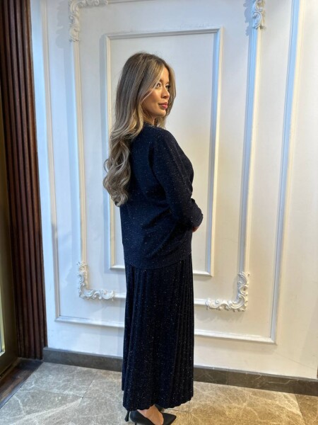 كنزة محبوكة - حواف لامعة - أزرق داكن - 32203 | كازي (طقم من 3 قطع L-XL-2XL) - 6