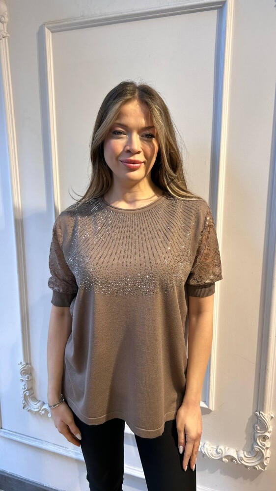 كنزة محبوكة - بتفاصيل من التول - بيج داكن - 31412 | كازي (مجموعة من 4 قطع M-L-XL-2XL) - 1