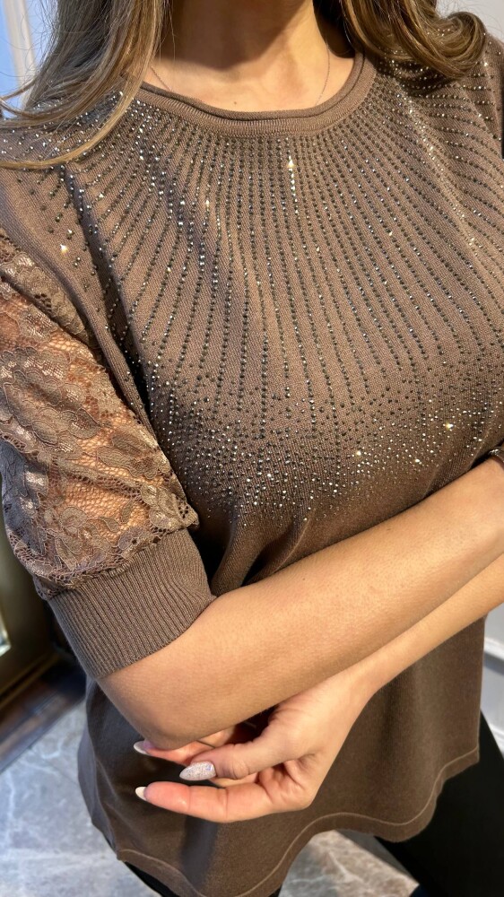 كنزة محبوكة - بتفاصيل من التول - بيج داكن - 31412 | كازي (مجموعة من 4 قطع M-L-XL-2XL) - 3