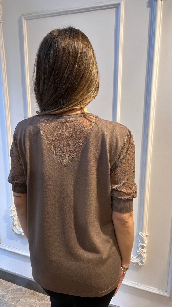 كنزة محبوكة - بتفاصيل من التول - بيج داكن - 31412 | كازي (مجموعة من 4 قطع M-L-XL-2XL) - 4