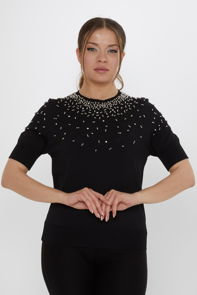 كنزة صوفية محبوكة مزينة بالخرز، أسود - 31805 | كازي (طقم من 3 قطع S-M-L) - 1