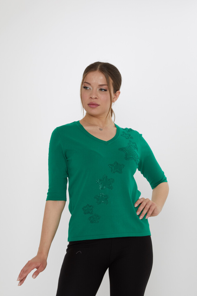 كنزة صوفية محبوكة بتطريز نجمة، أخضر - 31779 | كازي (طقم من 3 قطع M-L-XL) - 1