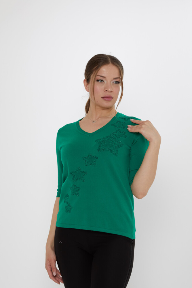 كنزة صوفية محبوكة بتطريز نجمة، أخضر - 31779 | كازي (طقم من 3 قطع M-L-XL) - 2