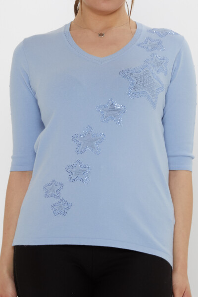 كنزة صوفية محبوكة - مطرزة بنجمة - أزرق - 31779 | كازي (طقم من 3 قطع M-L-XL) - 3