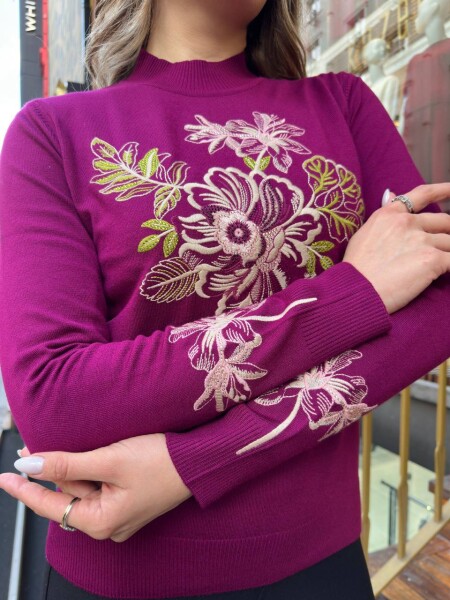 كنزة محبوكة - تطريز زهري - فوشيا - 32088 | كازي (طقم من 3 قطع M-L-XL) - 4