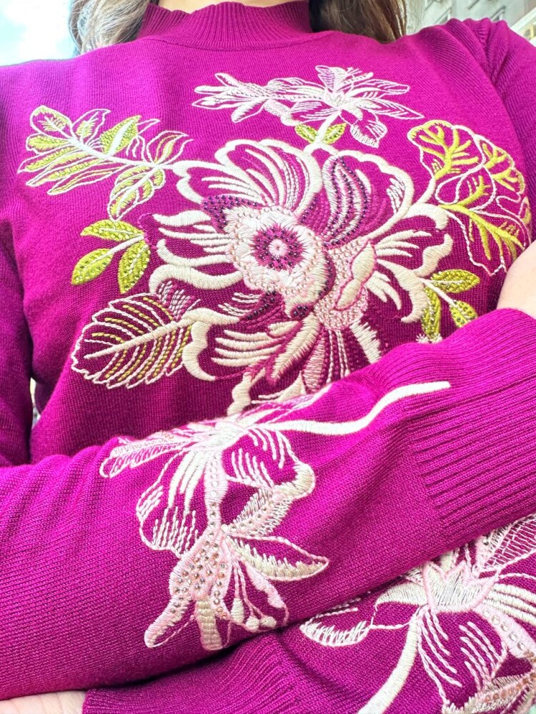 كنزة محبوكة - تطريز زهري - فوشيا - 32088 | كازي (طقم من 3 قطع M-L-XL) - 5