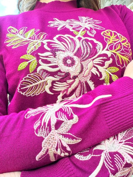 كنزة محبوكة - تطريز زهري - فوشيا - 32088 | كازي (طقم من 3 قطع M-L-XL) - 5