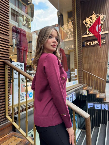 كنزة محبوكة - تطريز زهري - فوشيا - 32167 | كازي (طقم من 3 قطع S-M-L) - 6