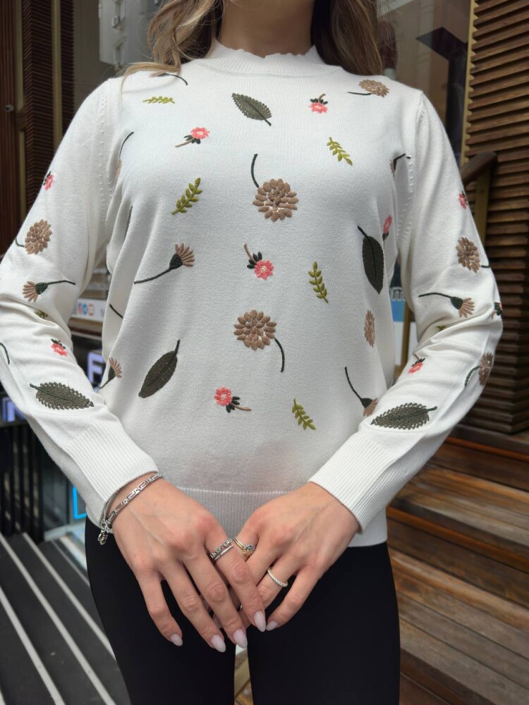 كنزة محبوكة بتطريز زهري، لون بيج فاتح - 32166 | كازي (طقم من 3 قطع، مقاسات L-XL-2XL) - 5