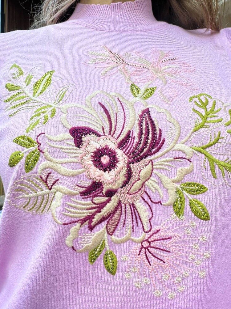 كنزة محبوكة - تطريز زهري - وردي - 32088 | كازي (طقم من 3 قطع M-L-XL) - 4