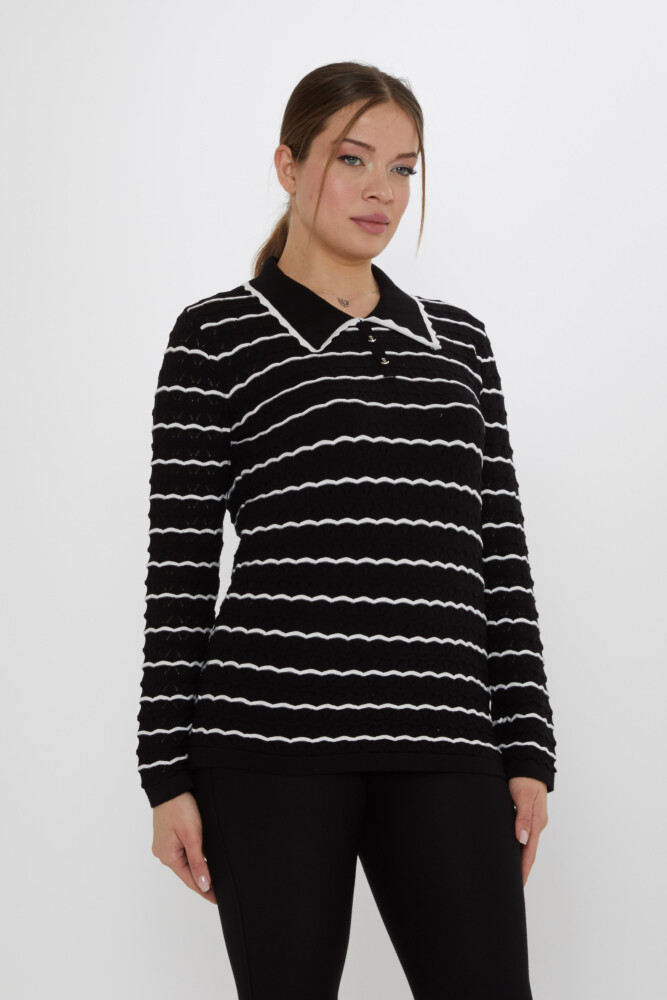 كنزة صوفية محبوكة - بروش مرساة - أسود-بيج - 31777 | كازي (طقم من 3 قطع M-L-XL) - 2