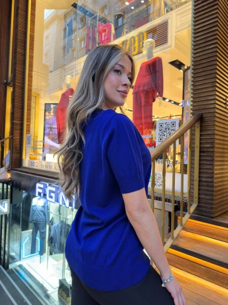 كنزة محبوكة - منقوشة - مطرزة - كحلي - 31678 | كازي (طقم من 3 قطع M-L-XL) - 6