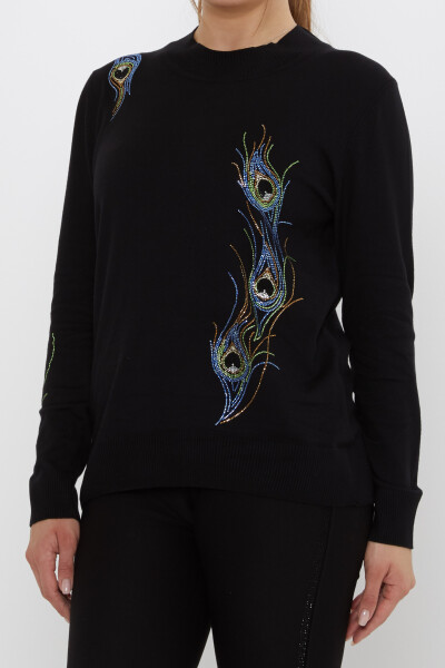 كنزة صوفية سوداء مزينة بأحجار ملونة - 31775 | كازي (طقم من 3 قطع L-XL-2XL) - 4