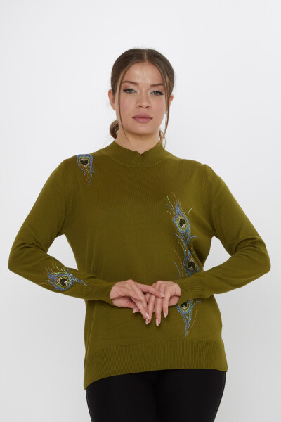 كنزة صوفية محبوكة مزينة بأحجار ملونة، لون أخضر داكن - 31775 | كازي (طقم من 3 قطع، مقاسات L-XL-2XL) 