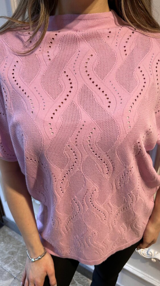 كنزة محبوكة - مزينة بالأحجار - وردي - 31920 | كازي (طقم من 3 قطع L-XL-2XL) - 3