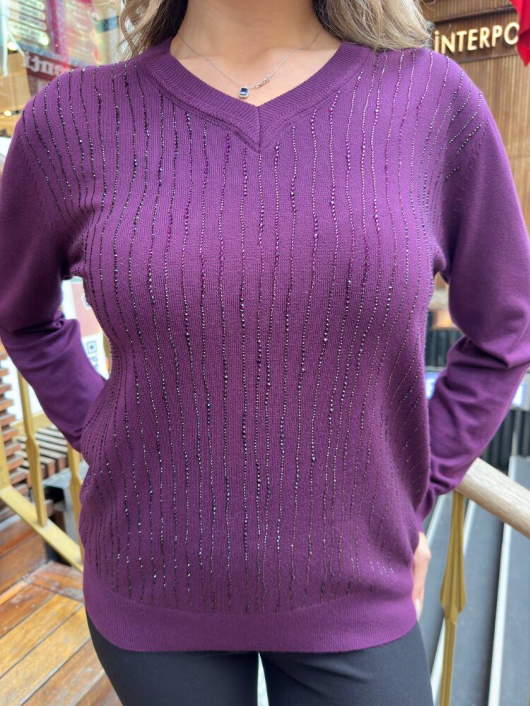 كنزة محبوكة - مخططة - مزينة بأحجار - بنفسجي - 31500 | كازي (طقم من 3 قطع L-XL-2XL) - 5