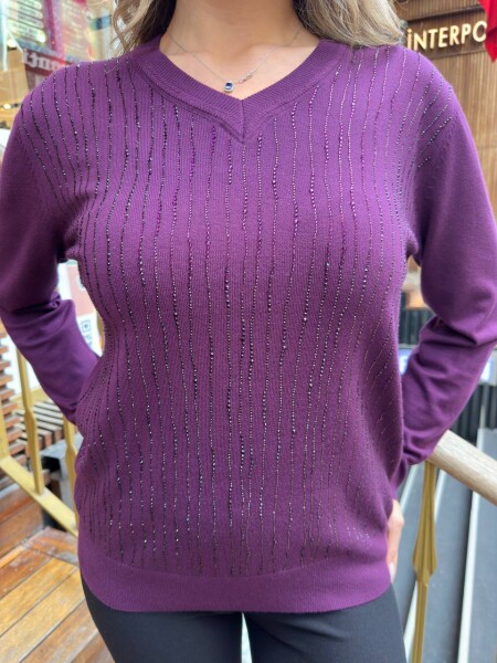 كنزة محبوكة - مخططة - مزينة بأحجار - بنفسجي - 31500 | كازي (طقم من 3 قطع L-XL-2XL) - 5