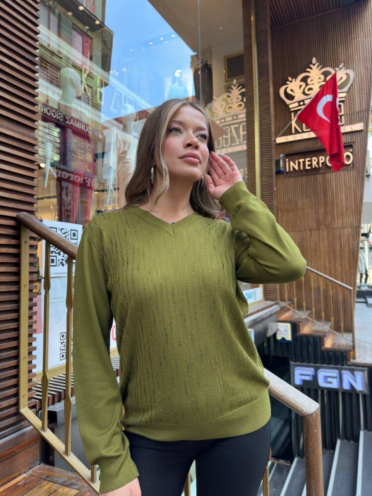 كنزة محبوكة - مخططة - مزينة بأحجار - خضراء - 31500 | كازي (طقم من 3 قطع L-XL-2XL) - 3