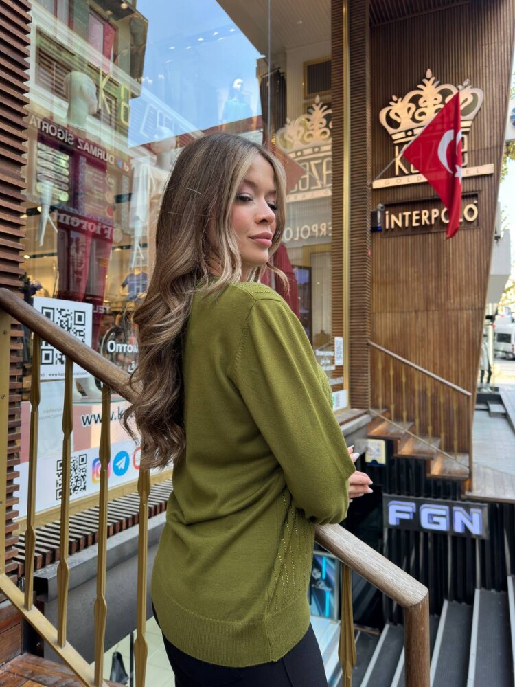 كنزة محبوكة - مخططة - مزينة بأحجار - خضراء - 31500 | كازي (طقم من 3 قطع L-XL-2XL) - 6