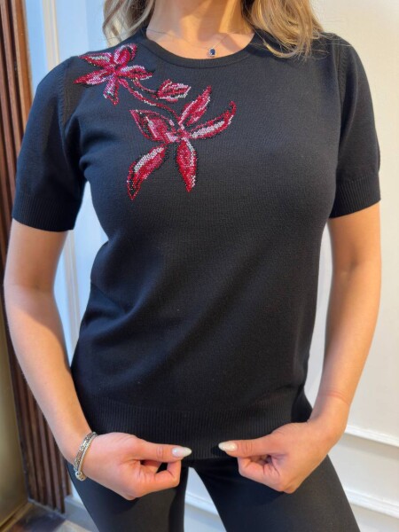 كنزة صوفية محبوكة - مزينة بالأحجار - أسود - 31051 | كازي (طقم من 3 قطع S-M-L) - 5