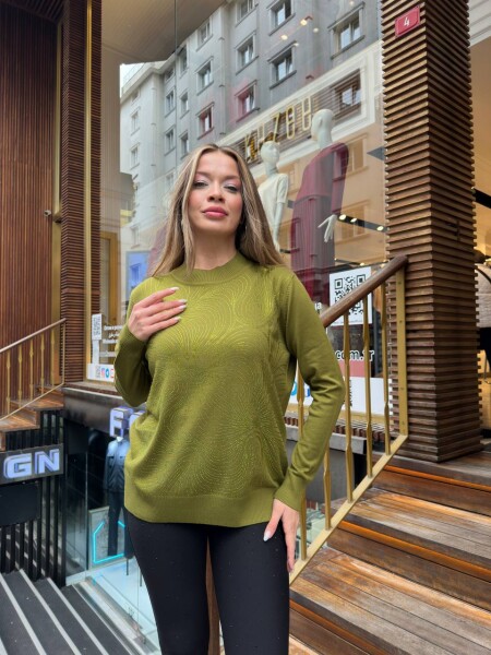 كنزة صوفية محبوكة - مزينة بالأحجار - أخضر - 32065 | كازي (طقم من 3 قطع L-XL-2XL) - 3