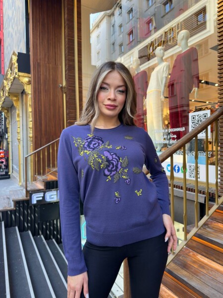 كنزة صوفية محبوكة - مزينة بالأحجار - لون بني فاتح - 32035 | كازي (طقم من 3 قطع بمقاسات M-L-XL) - KAZEE