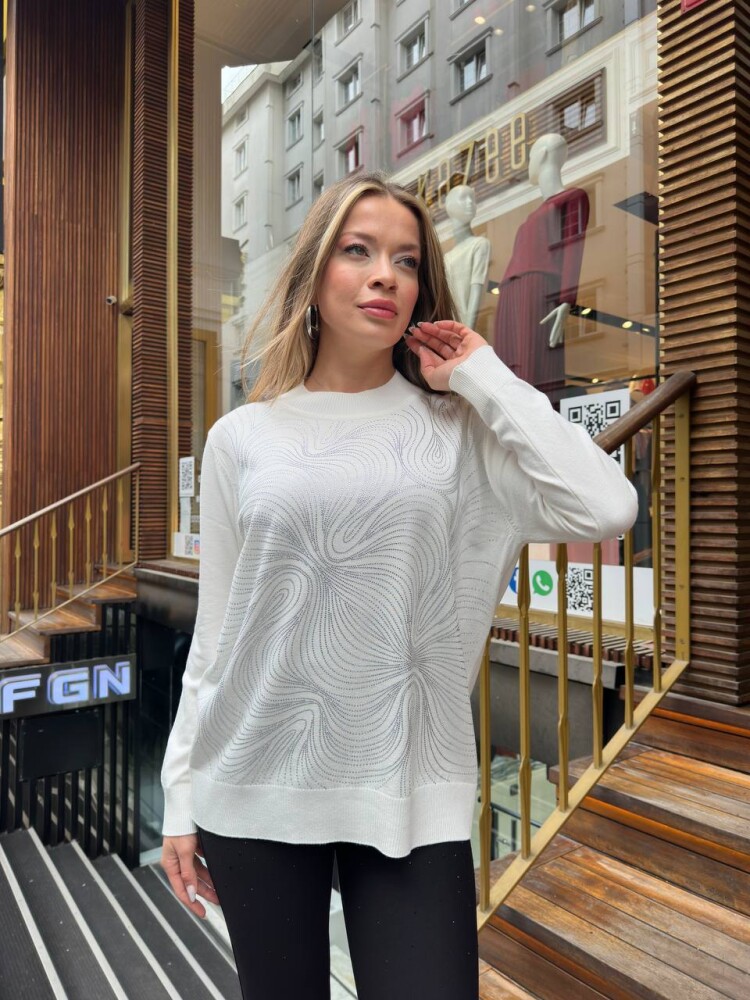 كنزة محبوكة - مزينة بالأحجار - لون بيج فاتح - 32065 | كازي (طقم من 3 قطع L-XL-2XL) - 1