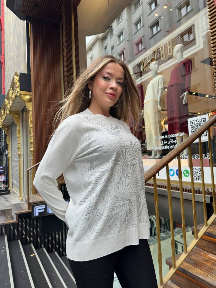 كنزة محبوكة - مزينة بالأحجار - لون بيج فاتح - 32065 | كازي (طقم من 3 قطع L-XL-2XL) - 2