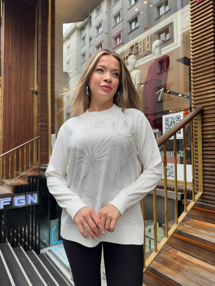 كنزة محبوكة - مزينة بالأحجار - لون بيج فاتح - 32065 | كازي (طقم من 3 قطع L-XL-2XL) - 3