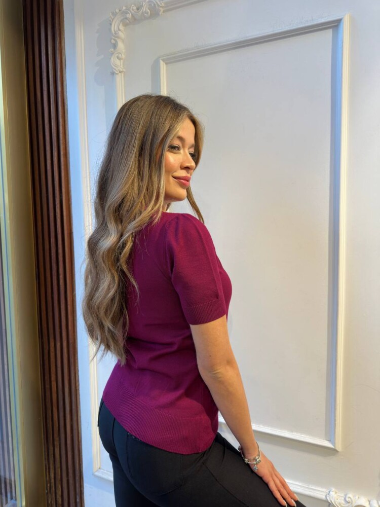 كنزة صوفية محبوكة مزينة بالأحجار، لون فوشيا - 31051 | كازي (طقم من 3 قطع S-M-L) - 6