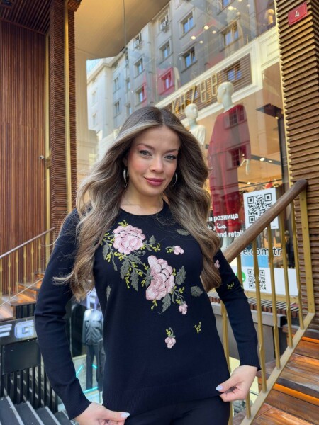 كنزة محبوكة - مزينة بالأحجار - أزرق داكن - 32035 | كازي (طقم من 3 قطع M-L-XL) - KAZEE (1)