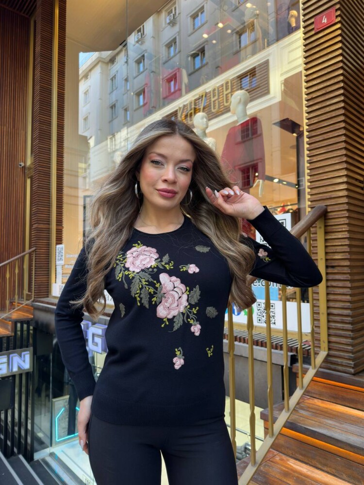 كنزة محبوكة - مزينة بالأحجار - أزرق داكن - 32035 | كازي (طقم من 3 قطع M-L-XL) - 1