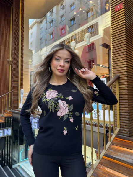 كنزة محبوكة - مزينة بالأحجار - أزرق داكن - 32035 | كازي (طقم من 3 قطع M-L-XL) - KAZEE