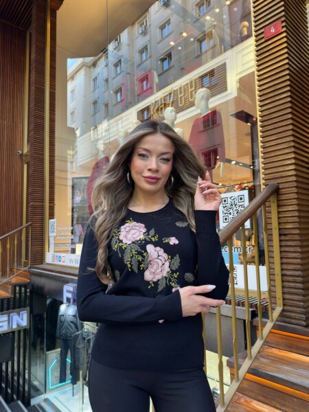 كنزة محبوكة - مزينة بالأحجار - أزرق داكن - 32035 | كازي (طقم من 3 قطع M-L-XL) - 4