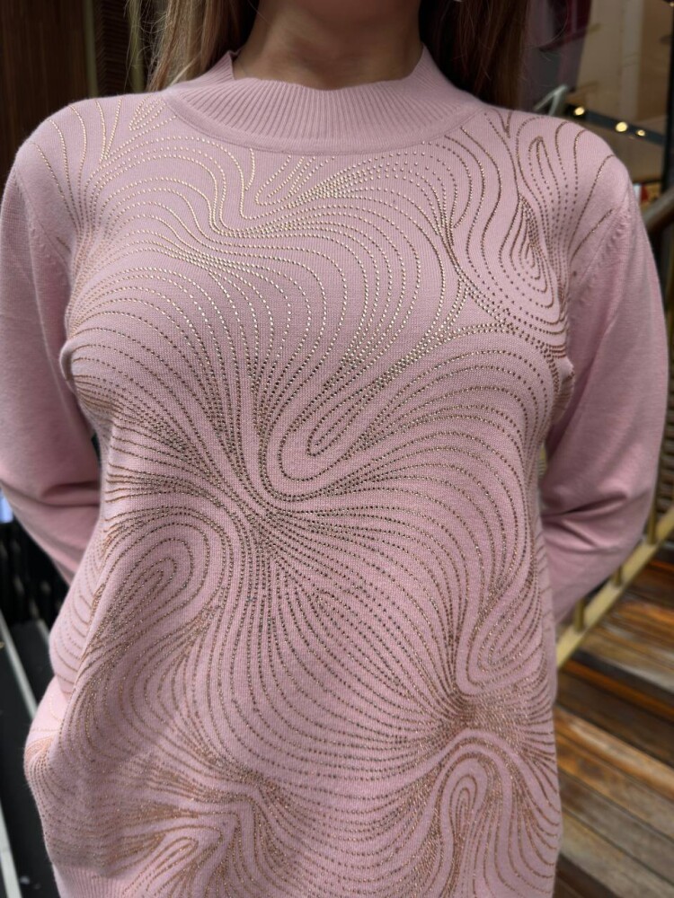 كنزة محبوكة - مزينة بأحجار - لون وردي فاتح - 32065 | كازي (طقم من 3 قطع L-XL-2XL) - 6