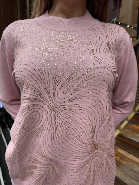 كنزة محبوكة - مزينة بأحجار - لون وردي فاتح - 32065 | كازي (طقم من 3 قطع L-XL-2XL) - 6