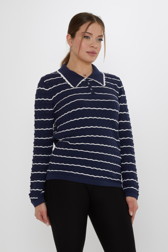 كنزة صوفية محبوكة - بروش مرساة - أزرق داكن - بيج - 31777 | كازي (طقم من 3 قطع M-L-XL) - 2