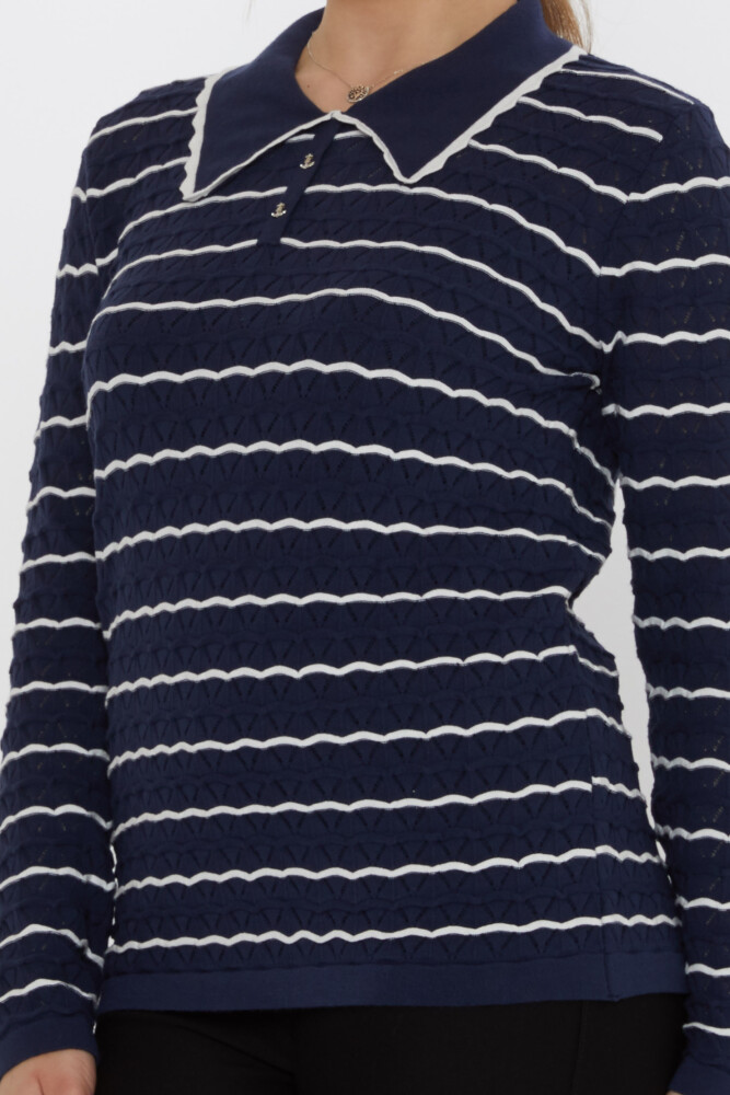 كنزة صوفية محبوكة - بروش مرساة - أزرق داكن - بيج - 31777 | كازي (طقم من 3 قطع M-L-XL) - 3