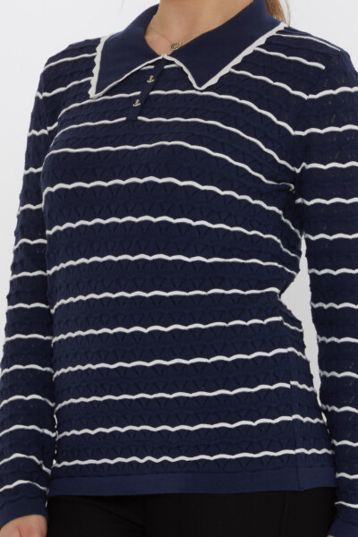 كنزة صوفية محبوكة - بروش مرساة - أزرق داكن - بيج - 31777 | كازي (طقم من 3 قطع M-L-XL) - 3